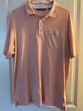 Travis Mathew men's large performance golf polo shirt white orange striped